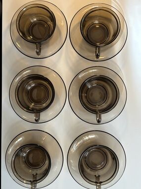 Vintage Arcoroc France Smoked Glass Tea Coffee Cups & Saucers Set of 6